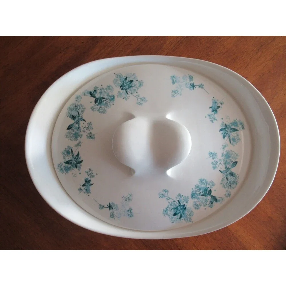 Hallcraft Hall Blue FROST FLOWERS Oval Covered Casserole Dish Lid Eva Zeisel MCM